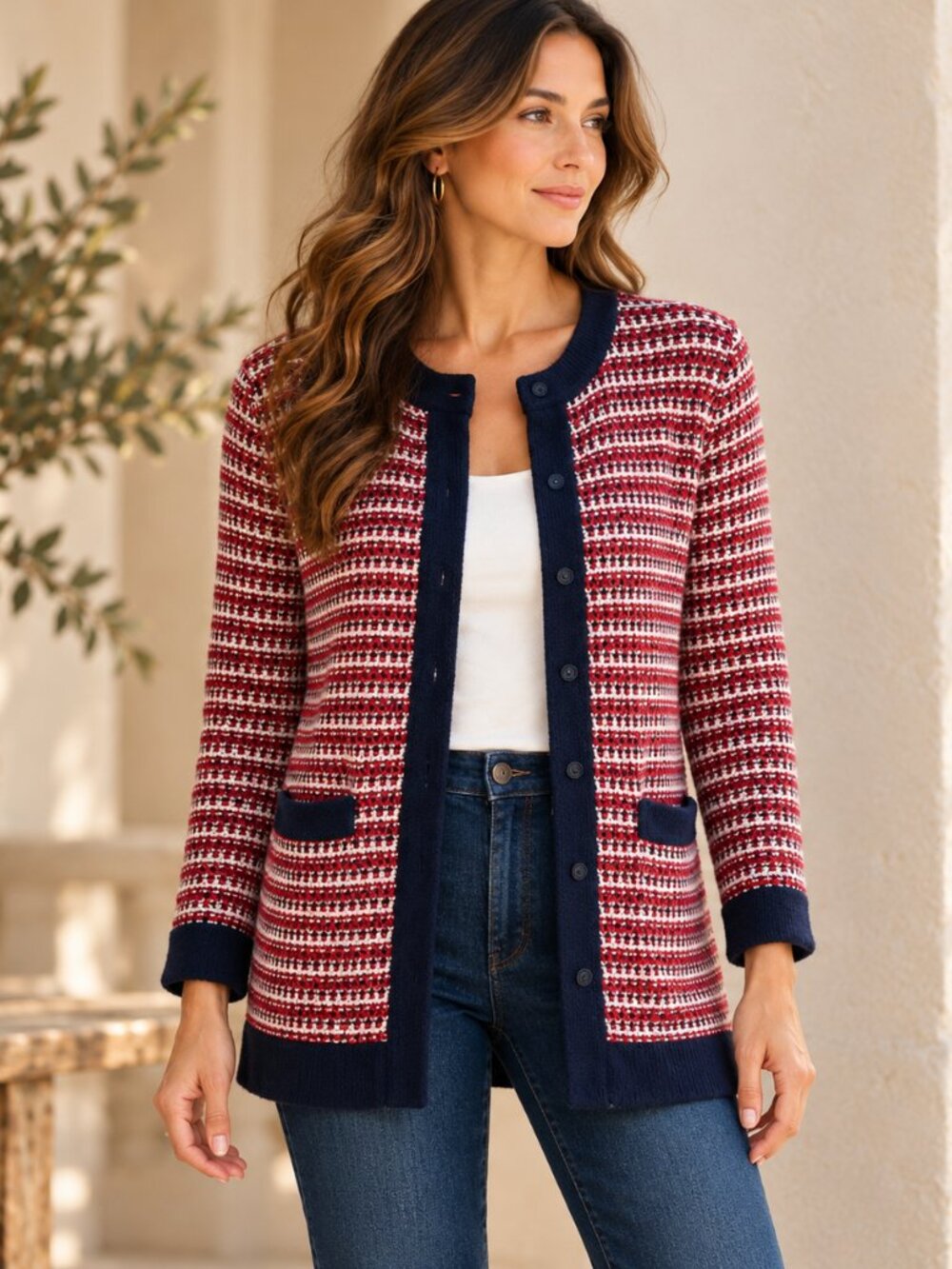 Talbots Cardigan Womens S Red Navy Tweed Knit Cotton Longline Preppy Jacket